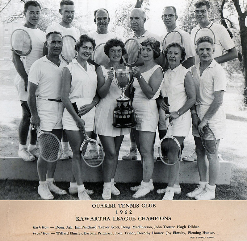 Quaker Tennis Club 1962 Kawartha League Champions pose with trophy.